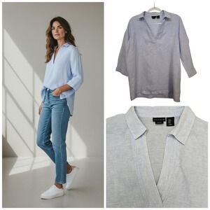 Tahari Womens 100% Linen 3/4 Sleeve V-Neck Tunic Top Light Blue Size Medium